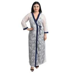 embrave Women Satin Solid Nightwear Maxi Set Nighty with Net Sleep Robe for Women, Navy Blue image 2