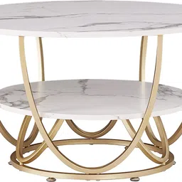 ofheqeuwin HEQEUWIN Round Coffee Tables Accent Center Table Sofa Side Tea Table with 2-Tier Storage for Living Room Office Desk Balcony Wood Desktop and Metal Legs (Golden and White) image 3