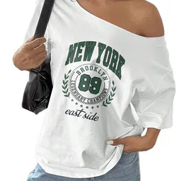 sxv style SXV Loose Asymmetric Neck T-Shirt with New York Brooklyn Print, White Color, Oversized Spring Style image 1
