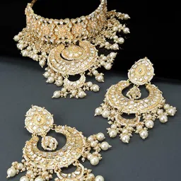 zaveri pearls Gold Tone Bridal Kundan & Pearls Choker Necklace & Earring Set For Women-ZPFK11011 image 2