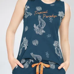 zeyo Night Suit for Women's Floral & Cheetah Printed Cotton Night Dress of Top and Short's Set 5737 image 2