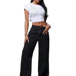 glossia Fashion Black High Waist Straight Fit Jeans for Women Stretchable Wide Leg Denim Jeans (WJ-S7-$) image 3