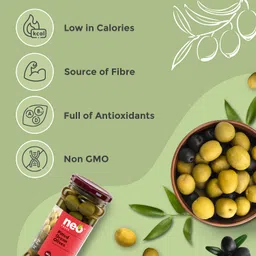 Neo Foods Sliced Green Olives 450g & Pitted Green Olives 360g Combo Pack I P2 l Low Fat Ready-to-Eat Healthy Snack, Source of Fibre l Enjoy as Topping for Pizza & Pasta image 3