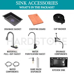 Hardstone 304 Grade Multifunction Kitchen Sink 24 x 18 x 9 with Anti Scratch Honeycomb Design, Integrated Waterfall & Pull-Out Faucet Set-Stainless Steel Sink with Cup washer and Drain Baskets image 5