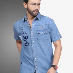 d... finish Men's Denim Casual Shirt | Denim Half Sleeve Shirt image 3
