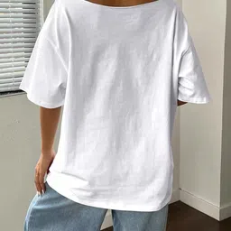 sxv style SXV Loose Asymmetric Neck T-Shirt with New York Brooklyn Print, White Color, Oversized Spring Style image 2