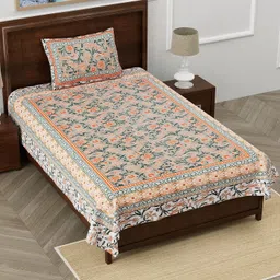 easygoods EasyGoods® 240 TC Cotton Bedsheet for Single Bed – Green|Ethnic23 Bedsheet Single Size Bed Cotton|Single Size Bedsheet|Single Bedsheet with 1 Pillow Cover 59x88 Inch| Handcrafted Bed Sheets image 2
