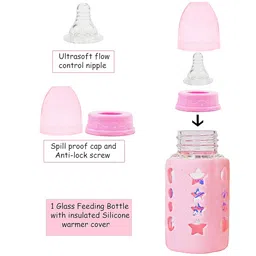 The Little Lookers High Borosilicate Glass Feeding Bottle for Baby/Feeder for Newborn | Super Soft Flow Control & Anti Colic Nipple for Infants/Toddlers - Pink (120ml) image 5