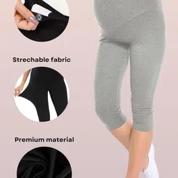 litelooks clothing Litelooks Women's Cotton Lycra 3/4 Capri Maternity Leggings - Comfortable, Seam-Free, High Waist Support, Stretchable Pants for Pre & Post Pregnancy image 3
