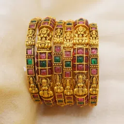 NAGNESHI ART Gold Plated Patterned Bangles with Colored Stones and Antique Lakshmi For Women (Set of 6)_Size-2.8-255 image 2