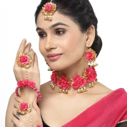 zeneme White & Gold Pearl Tasselled Gota Patti Floral Beaded Haldi & Mehendi Necklace With Earrings, Maang Tikka & Bracelet Jewellery Set For Girls and Women image 4