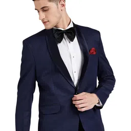 favoroski Designer Men's Solid Poly Viscose Slim Fit Shawl Collar Tuxedo Suit Blazer, Navy Blue image 1