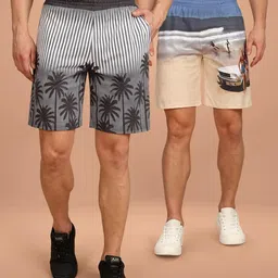 bullmer Regular Fit Cotton Blend Summer Shorts for Men - Pack of 2 | Printed Shorts for Men Blue/Grey image 2