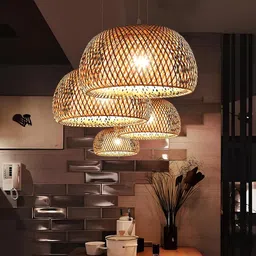 AKWAY Bamboo Hanging lamp for Living Room | Rattan Pendant lamp for Home Decoration | Cane Ceiling lamp | Wicker Hanging lamp (14" Dia x 6") image 2