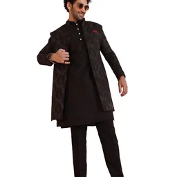 kisah Men's Kurta Sherwani Trouser Set Indo-Western, Black Cotton Blend, Self Design Long Sleeves Regular Fit Mandarin Collar image 1