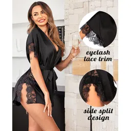ssoshhub Lingerie for Women Satin Sleeping Robe Eyelash Lace Kimono Side Split Sexy Silk Robes image 2