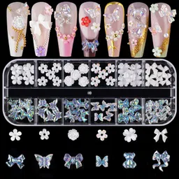 chuppinz Nail Charms, 12 Grids Five-Petal Flower and Unique Aurora Design, Bow Butterfly, Nail Art Accessories for Professional and DIY Nails Art,Resin Charms and Nail Stones image 1