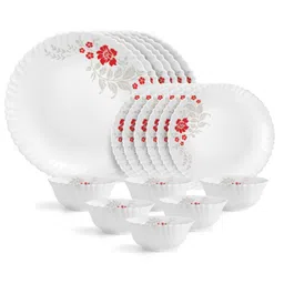 Cello Opalware Dazzle Series Scarlet Bliss Dinner Set, 18 Units | Opal Glass Dinner Set for 6 | Light-Weight, Daily Use Crockery Set for Dining | White Plate and Bowl Set image 1