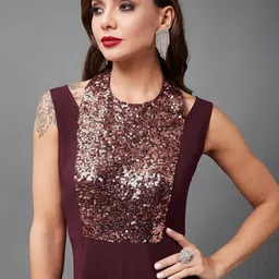 miss chase Women's Halter Neck Sleeveless Solid Pleated/Wide Leg Sequin Panelled Regular Length Jumpsuit image 4