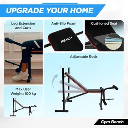 Reach Multipurpose Gym Bench for Home | Adjustable Positions | Full Body Workout Weight Training Bench | Soft Foam Padding | Incline/Decline Bench Press for Strength Training | Max User Weight 100kg image 3