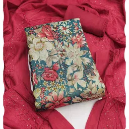 peachmode Printed Linen Dress Material | Unstitched Suit Set with Santoon Bottom, Linen Dupatta for Women image 1