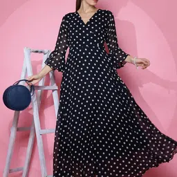 sheetal associates Women's Casual Flared Sleeve Georgette Polka Print Fit and Flare Dress image 2