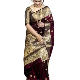 women elegence Women's Banarasi Silk Saree with Intricate Gold Zari Weaving & Unstitched Blouse Piece – Traditional Indian Wedding Attire image 1