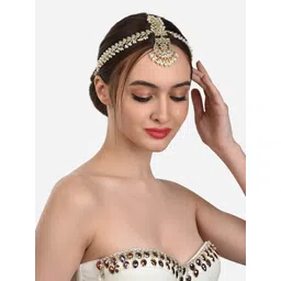 zaveri pearls Gold Tone Kundan & Pearls Embellished Bridal MathaPatti Style Maangtikka For Women-ZPFK12194 image 4