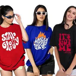 leotude Women Half Sleeve Oversized Tshirt, Round Neck Longline Drop Shoulder | Colorful Printed Combo Regular Fit T-Shirt (Pack Of 3) image 1