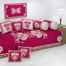 FRESH FROM LOOM Velvet Chenille Floral 500 TC Reversible Diwan Set Pink - 1 Single Bedsheet with 2 Bolster Covers and 5 Cushion Covers (8pc Set) image 1