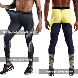 oebld Compression Pants Men UV Blocking Running Tights 1 or 2 Pack Gym Yoga Leggings for Athletic Workout, Black+yellowdotpant, Large image 3