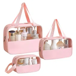 gowloz Travel Toiletry Bag Set, Large-Capacity Waterproof Cosmetic Wash Bag, Beauty Case for Skincare, Double Zipper PVC Makeup Pouch, Bath Organizer Bag for Travel, Pack of 3 (Pink) image 1