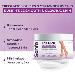 Sanfe Instant Bumps Eraser Exfolisting Gel | For Rough & Bumpy Skin, Tan and Strawberry Legs | Lactic Acid | Bath to Remove Dirt, Dead Skin | 200g for women for soft & bright skin image 4