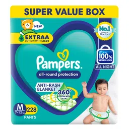Pampers All Round Protection Pants Style Baby Diapers, Medium size (M), 228 Count, 7-12kg, Anti-rash blanket, 360 degree Lotion with Aloe Vera image 1