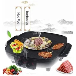 Inllex Electric BBQ Hot Pot Double Pot, Non Stick Coating Surface Double Layer Square Barbecue Grill Griddle Pan with Glass Lid for Tandoor Veg-Non Veg Kitchen Cooking Baking Frying Pan image 4