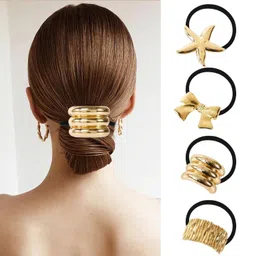 diversa Elastic Metal Hair Tie for Girls & Women, Metal Ponytail Holders, Geometric Design, Hair Accessories Modern Fashion Rubber Bands, Hair Scrunchie, Gold, Pack of 3 image 1
