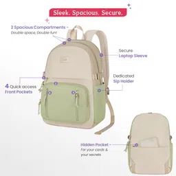 genie Lit Casual Backpack For Girls|17 Inch-18 Litres With laptop Compartment, Back pocket, Side Pockets with Padded Shoulders|Best for Laptop, Books, Water Bottles, Stationery & all Essentials-Olive image 2
