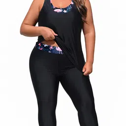 yonique Plus Size Swimsuits for Women Athletic 3 Piece Tankini Tops with Sports Bra and Swim Capris Swimwear Bathing Suit Black & Flamingo 18 Plus image 1