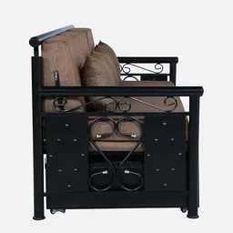 Royal Interiors 3 Seater Metal Sofa Cum Bed with Hydraulic Storage | King Size Sofa Cuma Bed | 3 Seater Sofa Set, Metal Sofa Set for Living Room (Matte Black Finish with Brown Cushion) image 3