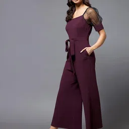 miss chase Women's Dark Purple & Black Solid Straight Leg Square Neck Half Sleeve Relaxed Fit Jumpsuit image 3