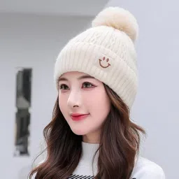 tomorrow fashion Beanie for Women, Beanie Cap for Cold Weathe, Pom Pom Beanie for Girls, Soft Warm Beanie Cap, Winter Hat for Girls, Smiley Face Patch Beanie image 4