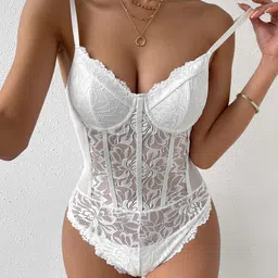 xivir Women's Floral Lace Sheer Mesh Corset Bodysuit Spaghetti Strap Cami Top image 5