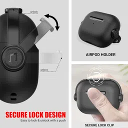 newtechno Antilost Lid Case Cover Shell for Airpods pro 2| Full Protection Case Cover with Lanyard Compatible for Airpods pro Gen-2 with carabaner-Black image 2