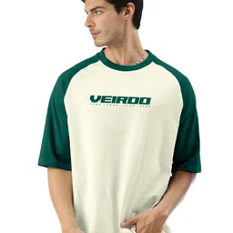 veirdo 100% Pure Cotton Round Neck Cool Front Chest Typographic Logo Printed Raglan Sleeve T-Shirt for Men (Colors: White, Black, Swanwhite, Beige & Grey) image 1