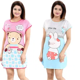 krystle Girl's Cartoon Knee Length Nightwear Long Top-(Pack of 02)-(Multicolor) image 3