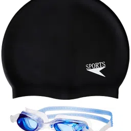 i-swim Mens Costume IS-5248 Black Sky MANTONGNI Size Free Size with Goggles Silicone IS-1600 with Pouch Blue and 100% Silicone Swimming Cap Plain Black image 3