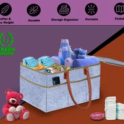 green decor GREEN DECOR-Non Woven Fabric Diaper Caddy Bag with Handles & Zip Lock for Smart Mothers Baby Diaper Caddy Wipes Felt Storage Organizers,Foldable & Portable(Grey&Tan&Beige-18X12X9 Inch) image 5