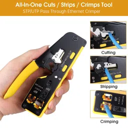 duogalia RJ45 Crimping Tool Kit Ethernet Crimp Tool Set, CAT5 Cat5e Cat6 Cat7 Crimper Stripper Cutter All-in-One Tool with 50PCS Connectors, 50PCS Covers, Network Cable Tester, Wire Stripper and Blades(Yellow) image 2