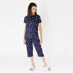 label my Knitted Cotton Women's Bedtime Capri Set | Navy Blue with Hearts & Butterflies | Round Neck, Half Sleeve Top | 3/4 Length Pyjama with Side Pockets | Lightweight, No Shrinkage image 3