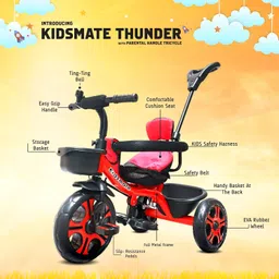 Kidsmate Thunder Plug N Play Kids/Baby Tricycle with Safety Guard Rail and Parental Control | Storage Basket | Fabric Cushion Seat & Bell for 12 Months to 48 Months Boys/Girls (Red) image 3
